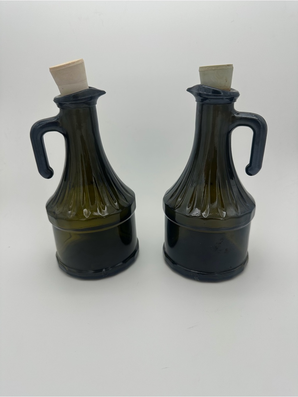 Rare Vintage Olive Glass Cruet Set with Cork Stoppers